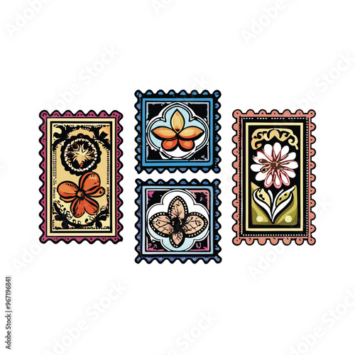 Collection of four elaborate old postage stamps with floral designs.