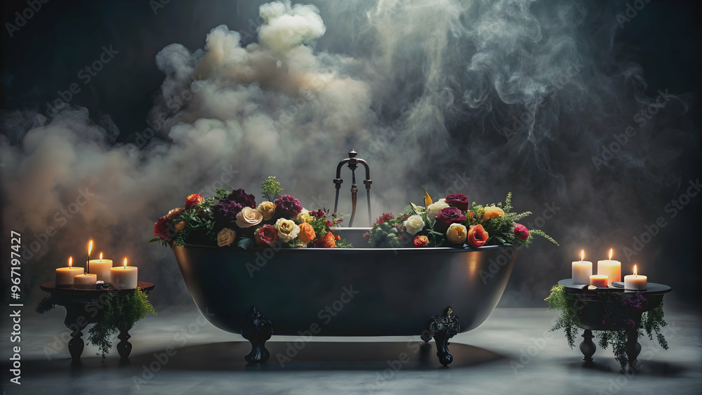 Black bathtub interior with dark floral arrangement and candles in a cloud of smoke, black, bathtub, interior, dark Black bathtub interior with dark floral arrangement and candles in a cloud of smoke, black, bathtub, interior, dark
