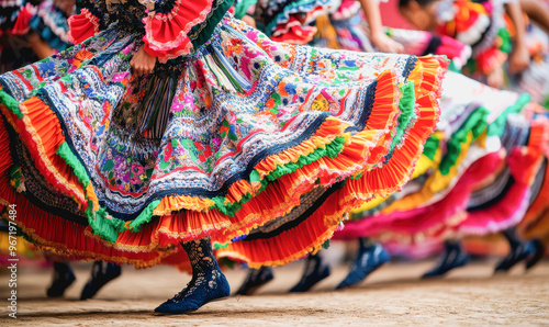 Hispanic dancers swirl in vibrant, traditional dresses, celebrating culture, movement, and heritage