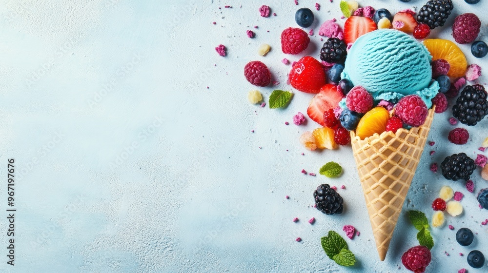 Blue ice cream in a waffle cone with fresh fruit and mint on a light blue background. Blue ice cream in a waffle cone with fresh fruit and mint on a light blue background.