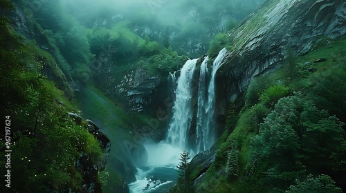 A breathtaking view of a waterfall cascading down a mountain side from a high vantage point, with the water's rush and surrounding landscape vividly captured photo