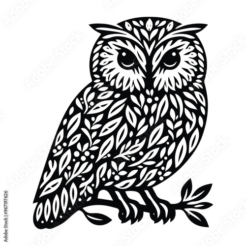 Owl bird made by simple botanical drawing, black and white animal illustration
