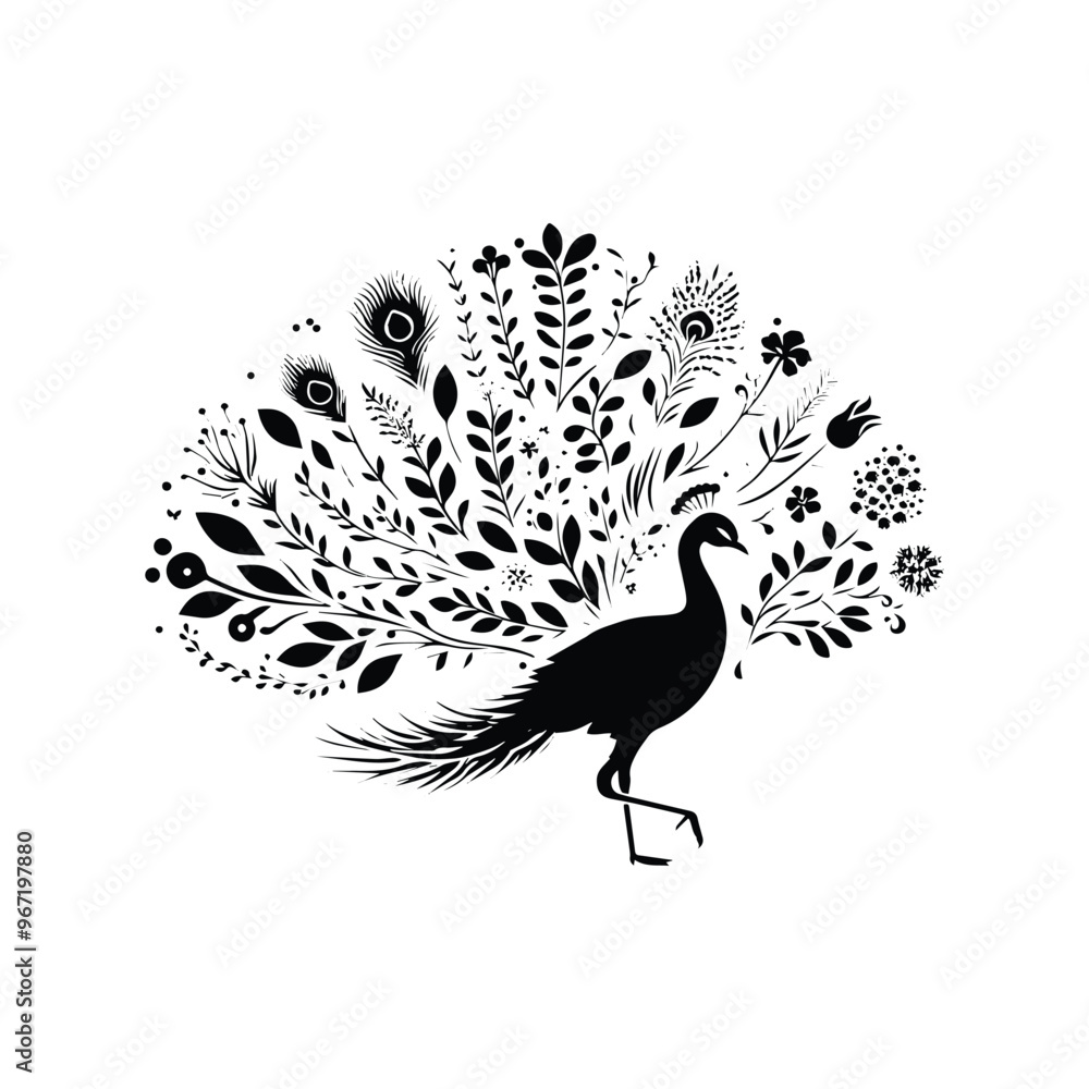 Obraz premium Peacock bird made by simple botanical drawing, black and white animal illustration