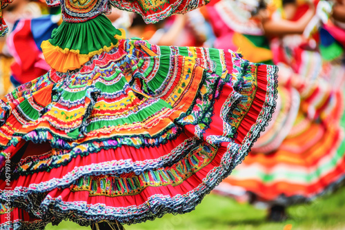 Hispanic dancers swirl in vibrant, traditional dresses, celebrating culture, movement, and heritage