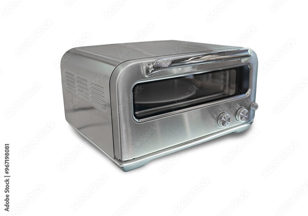 Close-up of a modern stainless steel toaster oven with dials, showcasing a sleek and compact kitchen appliance design. Close-up of a modern stainless steel toaster oven with dials, showcasing a sleek and compact kitchen appliance design.