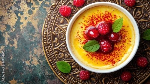 A close-up of a delicious cr?me br?l?e dessert, topped with fresh raspberries and a sprig of mint, served in a white bowl on a gold tray. photo