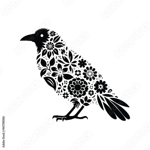 Wallpaper Mural raven bird made by simple flower drawing, black and white animal illustration Torontodigital.ca