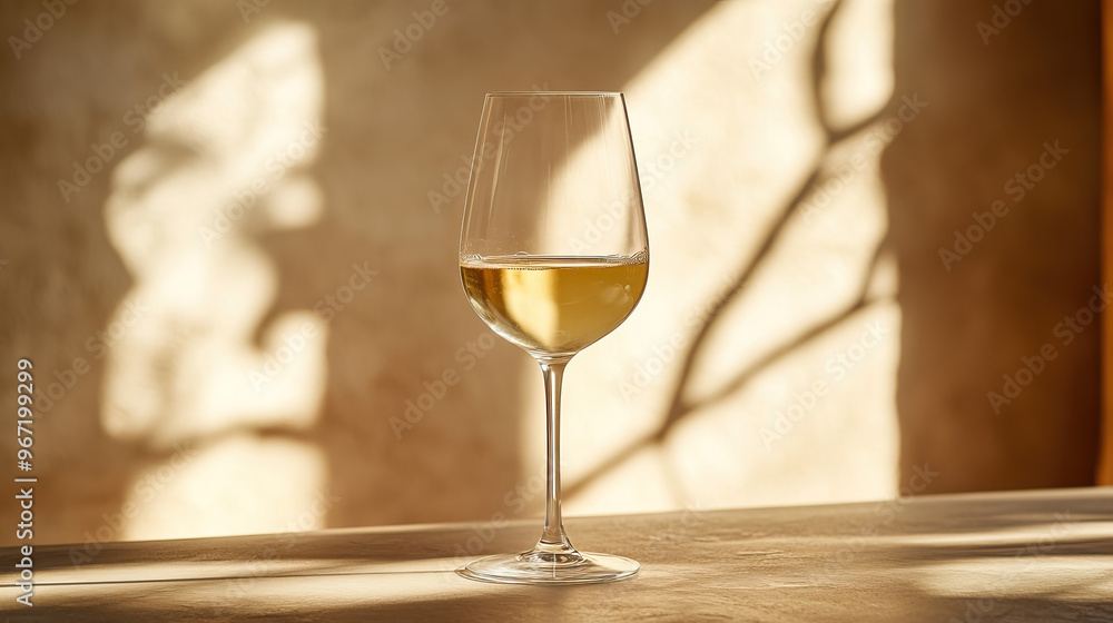 Obraz premium Chilled White Wine drink in modern off-white minimalist trendy stylish vegan plant-based cafe bar setting with stucco concrete wall, product photography, outdoors, sunny, beverage, bright, shadow play