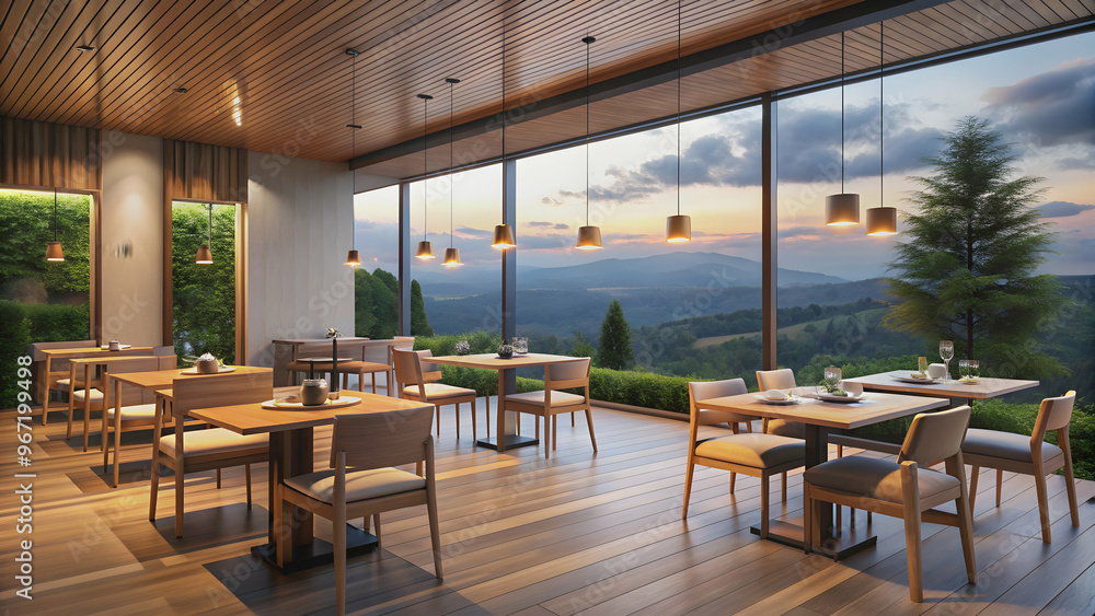 Minimalist restaurant with wooden table and armchairs overlooking nature at dusk, restaurant, minimalist, contemporary, wooden Minimalist restaurant with wooden table and armchairs overlooking nature at dusk, restaurant, minimalist, contemporary, wooden