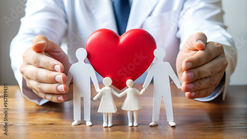 Doctor Covering Heart And Family Cut Out Of Paper - Healthcare Concept