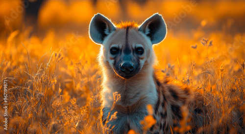 A baby hyena is sitting in the grass with its head turned to the side. The image has a warm, golden hue that gives it a peaceful, serene feeling