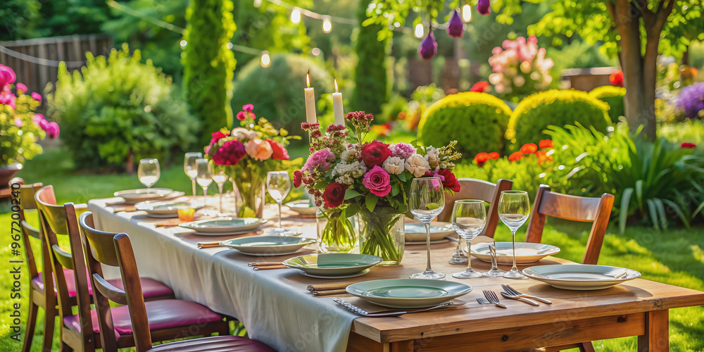 Obraz premium Beautiful table setting for a party in the garden, garden, party, outdoor, dining, table, setting, elegant, decoration