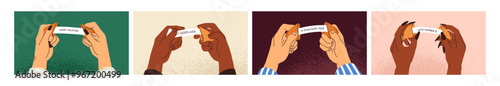 Hands opening fortune cookies set. Holding cracked chinese lucky biscuits with predictions, luck mesaages, happy phrases on paper. Sweet lottery, forecasting food, treat. Flat vector illustrations
