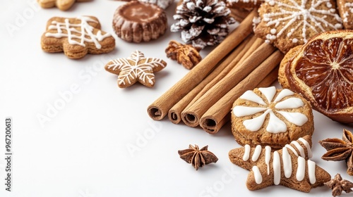 Christmas Frame with Cinnamon Sticks, Candy, Biscuits, and Cookies on White