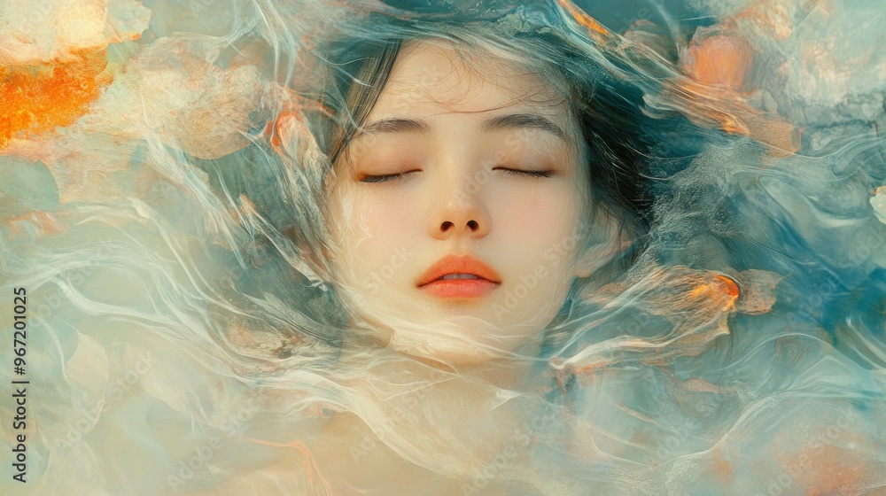 Woman's Face Submerged in Abstract Watercolor-Like Swirls Woman's Face Submerged in Abstract Watercolor-Like Swirls