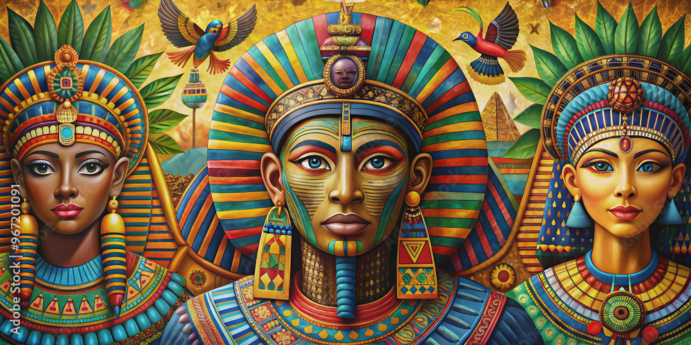 A vibrant and eclectic fusion of Egyptian, Aztec, Indian, and African ethnic elements, culture, diversity, fusion A vibrant and eclectic fusion of Egyptian, Aztec, Indian, and African ethnic elements, culture, diversity, fusion