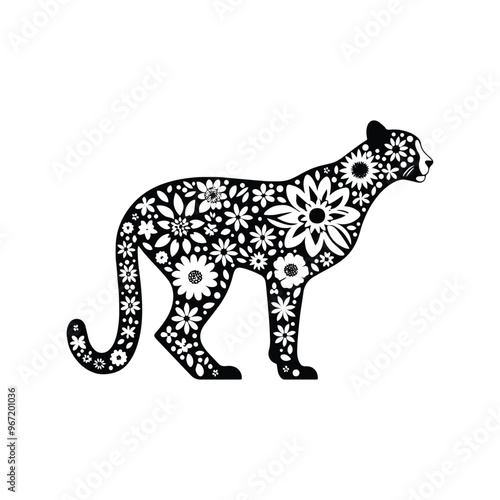 Cheetah made by simple flower drawing, black and white animal illustration