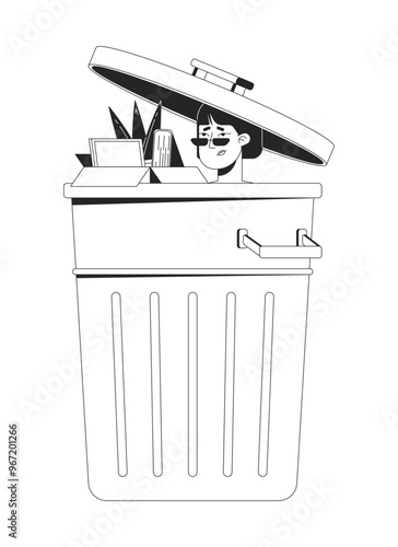 Sad discharged asian woman in waste container black and white 2D line character. Female feeling useless after firing from job solated vector outline person. Monochromatic spot illustration