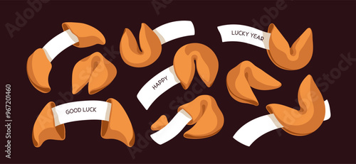Chinese fortune cookies set. Lucky Cinese biscuits with future predictions, messages on papers. Chance and destiny, Japan bakery. Sweet cracked open Cinesi luck snacks. Flat vector illustrations