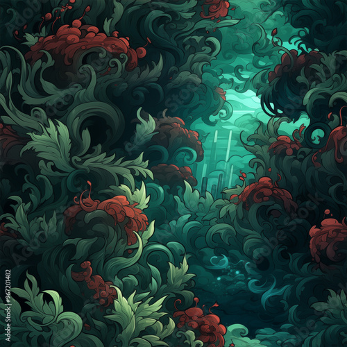 Seamless underwater pattern inspired by deep sea coral reefs, vibrant glowing coral formations, swirling currents and sea creatures 