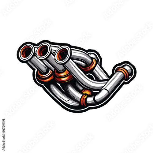 Illustration of a 4-tube exhaust manifold for a car.