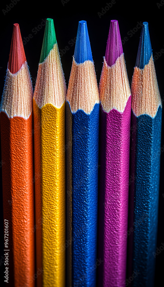 A close up of six colored pencils, each with a different color. The pencils are lined up next to each other, with the blue one in the middle. Concept of creativity and artistic expression A close up of six colored pencils, each with a different color. The pencils are lined up next to each other, with the blue one in the middle. Concept of creativity and artistic expression