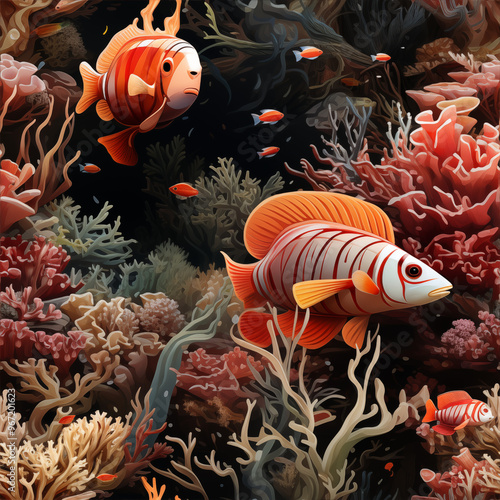 Seamless underwater pattern inspired by deep sea coral reefs, vibrant glowing coral formations, swirling currents and sea creatures 