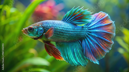 Exotic betta fish with vibrant blue green scales swimming gracefully in a tank, betta fish, exotic, multicolored