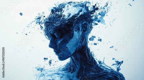 Dynamic blue splash and particles forming human shape photo