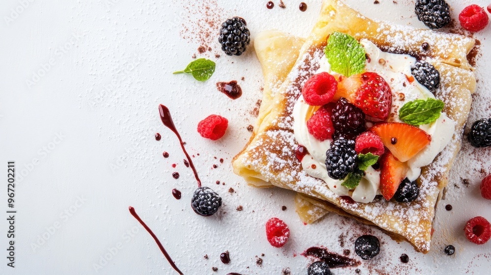 A delicious pastry topped with whipped cream, fresh berries, and a drizzle of sauce on a white background. A delicious pastry topped with whipped cream, fresh berries, and a drizzle of sauce on a white background.
