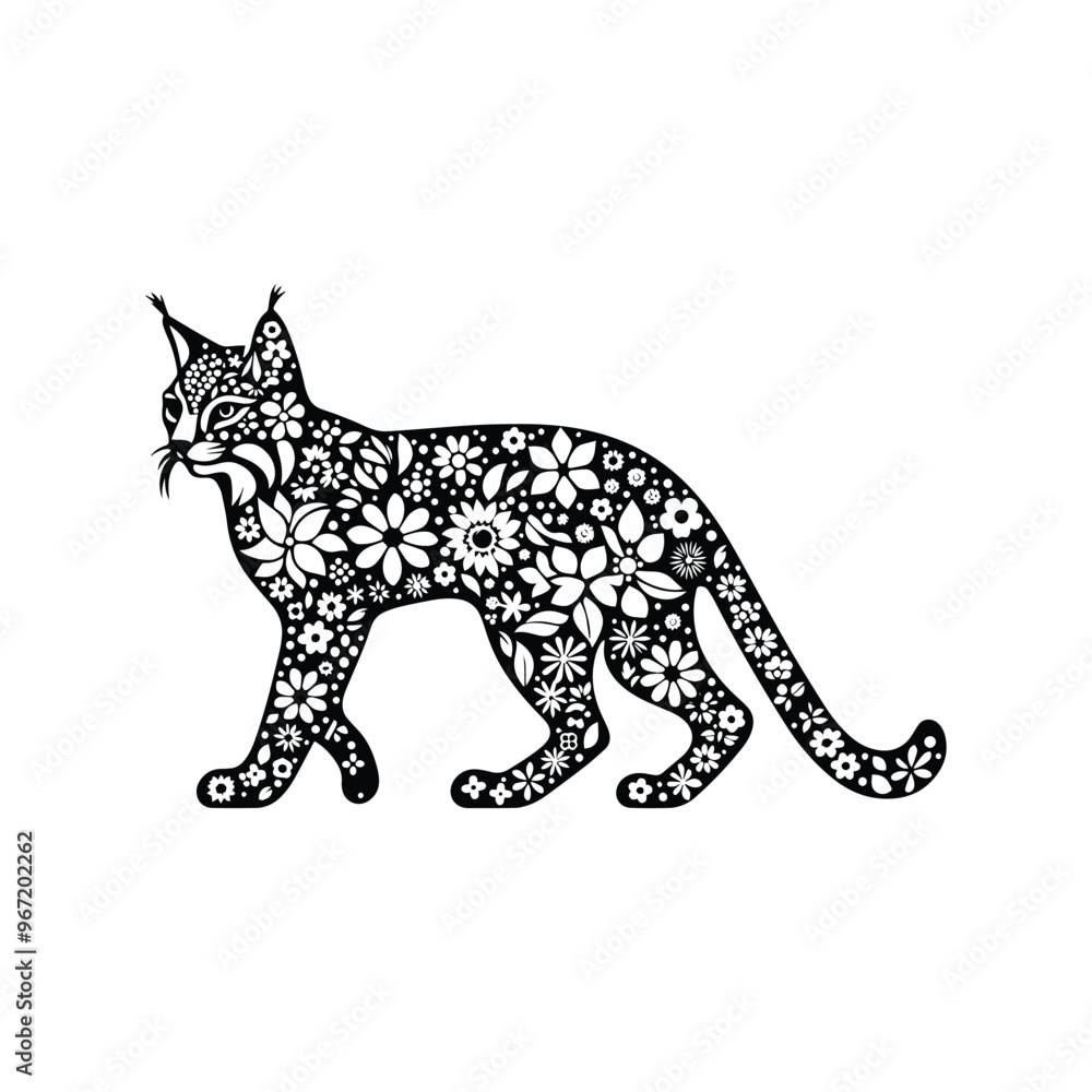 lynx cat made by simple flower drawing, black and white animal illustration lynx cat made by simple flower drawing, black and white animal illustration