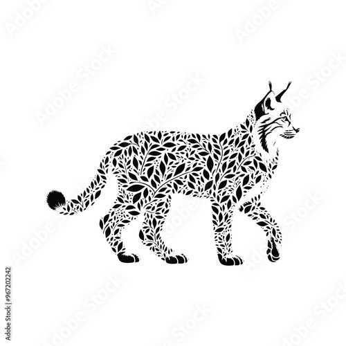 lynx cat made by simple botanical drawing, black and white animal illustration black and white animal illustration