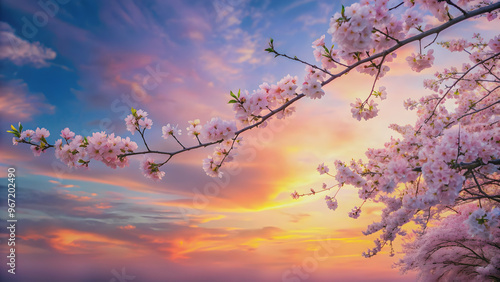 Soft pastel colors of dawn sky blending with hues of spring flowers in bloom, dawn sky, pastel colors, soft, spring flowers photo