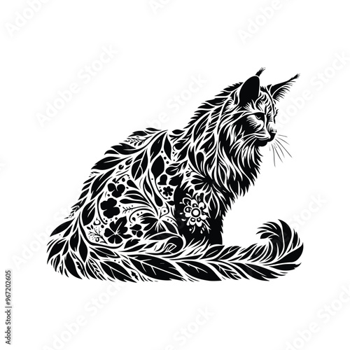 Maine Coon cat made by simple botanical drawing, black and white animal illustration black and white animal illustration