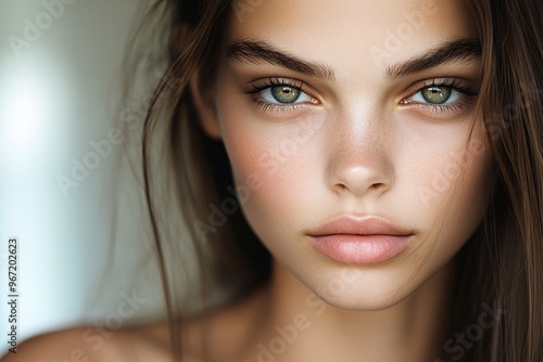 Portrait of Young Woman with Bright Eyes and Natural Makeup Under Soft Light