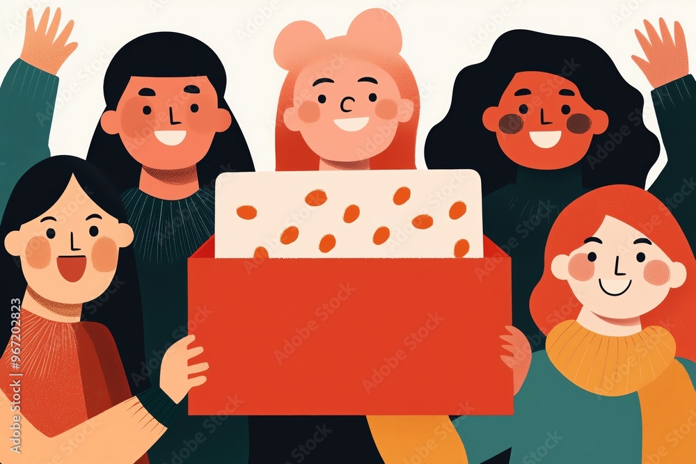 A cheerful group of friends celebrating with a gift box, showcasing joy and friendship in a vibrant, colorful illustration. A cheerful group of friends celebrating with a gift box, showcasing joy and friendship in a vibrant, colorful illustration.