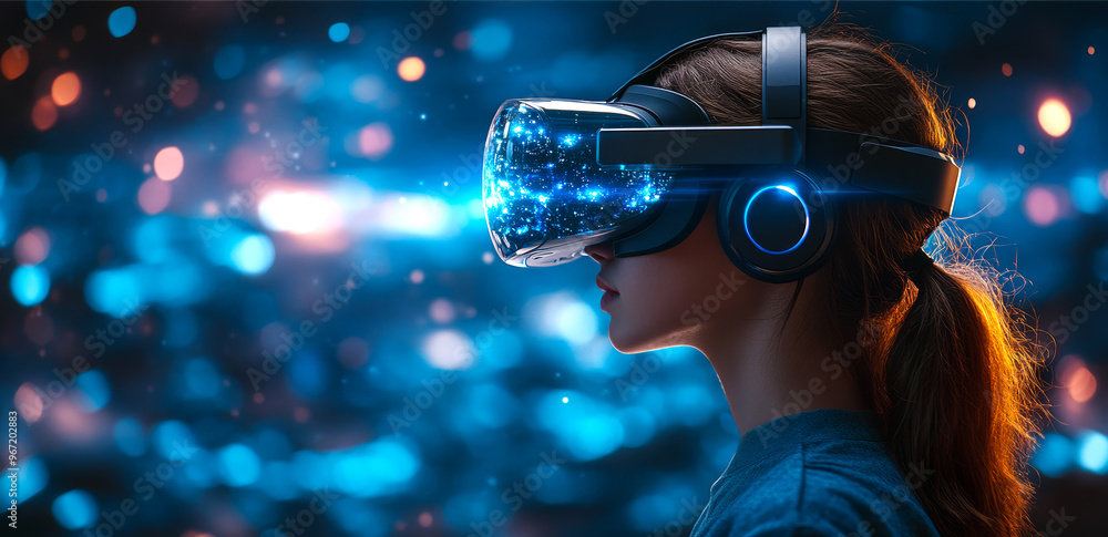 A girl wearing a virtual reality headset is looking at a blue background. Concept of immersion and wonder as the woman experiences a virtual world A girl wearing a virtual reality headset is looking at a blue background. Concept of immersion and wonder as the woman experiences a virtual world