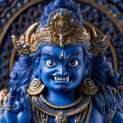 Close-up of a blue and gold statue of a deity with a fierce expression, intricate details, and a decorative background.