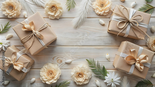 Wallpaper Mural Festive mockup featuring wrapped gift boxes, paper flowers, and feathers, festive, mockup, gift boxes, paper flowers Torontodigital.ca