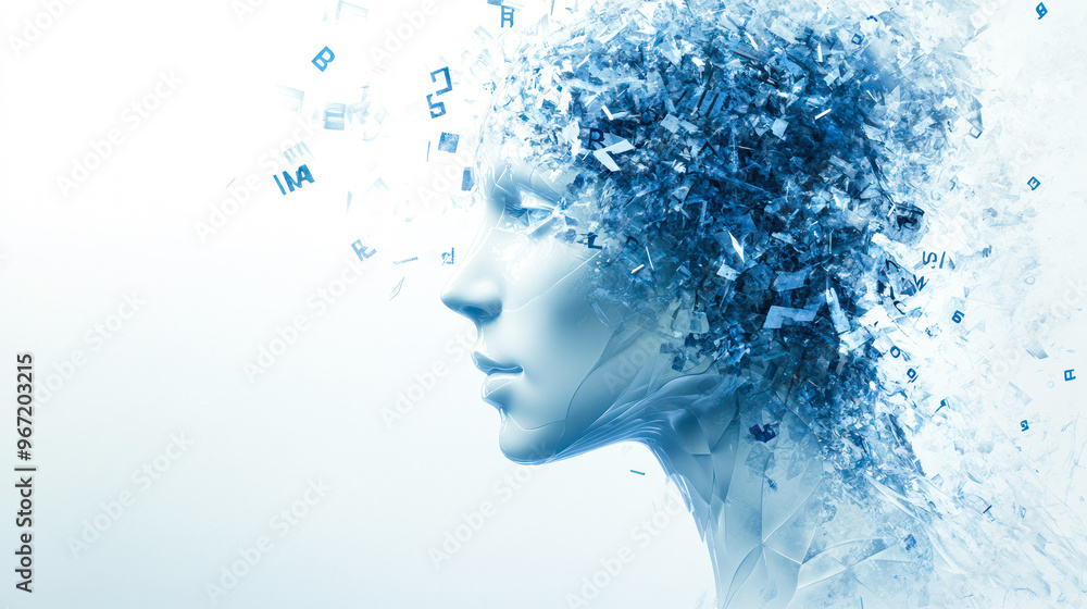 Blue abstract digital head with pixel-like fragments Blue abstract digital head with pixel-like fragments