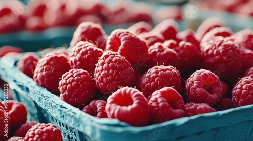 A close-up of fresh raspberries (Rubus idaeus) in a market basket, tempting buyers with their vibrant color