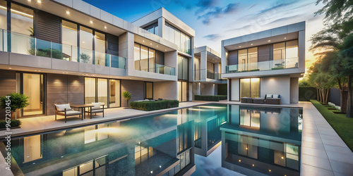 Townhouse with modern architecture and beautiful reflective pools , urban, architecture, design, luxury, contemporary