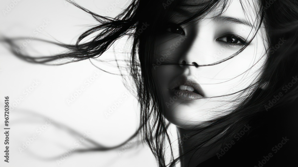 A Woman's Face with Windblown Hair in Black and White A Woman's Face with Windblown Hair in Black and White