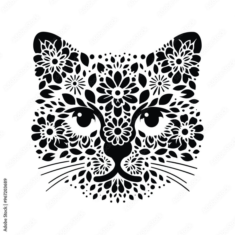 Obraz premium Ragdoll cat made by simple flower drawing, black and white animal illustration