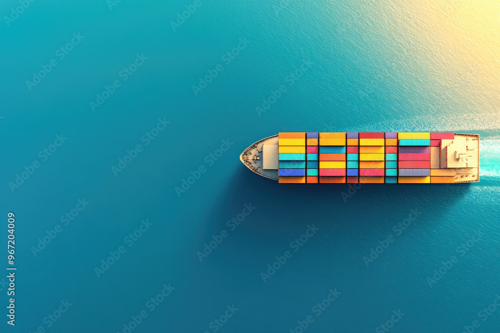 Fototapeta premium Aerial view of a cargo ship sailing through calm blue waters, carrying colorful shipping containers. The image highlights global trade, logistics, and maritime transport. 