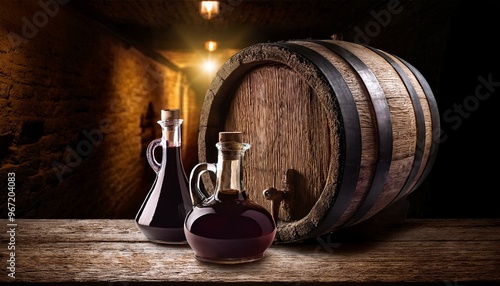 A wooden barrel of balsamic vinegar aging in a dark, cool cellar. The wood adds flavor to the vinegar