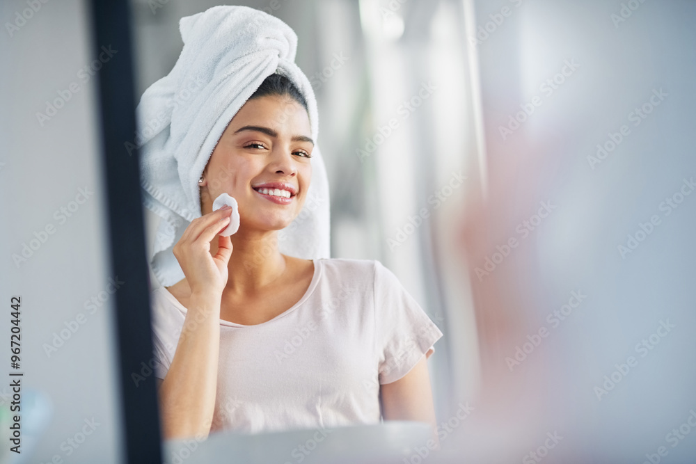 Portrait, skincare and woman with cotton, mirror and grooming for shine, soft and pride for wellness. Bathroom, confident and reflection of person, happy and treatment of dermatology, towel and home Portrait, skincare and woman with cotton, mirror and grooming for shine, soft and pride for wellness. Bathroom, confident and reflection of person, happy and treatment of dermatology, towel and home