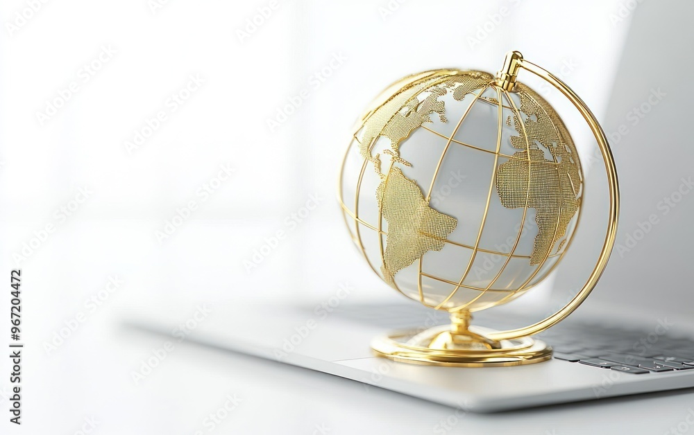 Golden globe on laptop signifying global tech connectivity Golden globe on laptop signifying global tech connectivity