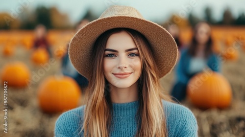 Group of friends enjoying a fun filled autumn day together taking a festive hayride through a picturesque pumpkin patch surrounded by seasonal decor and vibrant foliage photo