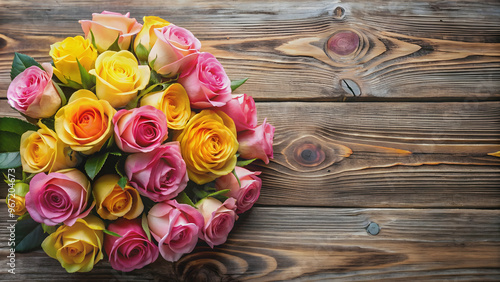 Fototapeta Naklejka Na Ścianę i Meble -  Beautiful pink and yellow roses on wooden background with copy space , roses, flowers, pink, yellow, wood, background